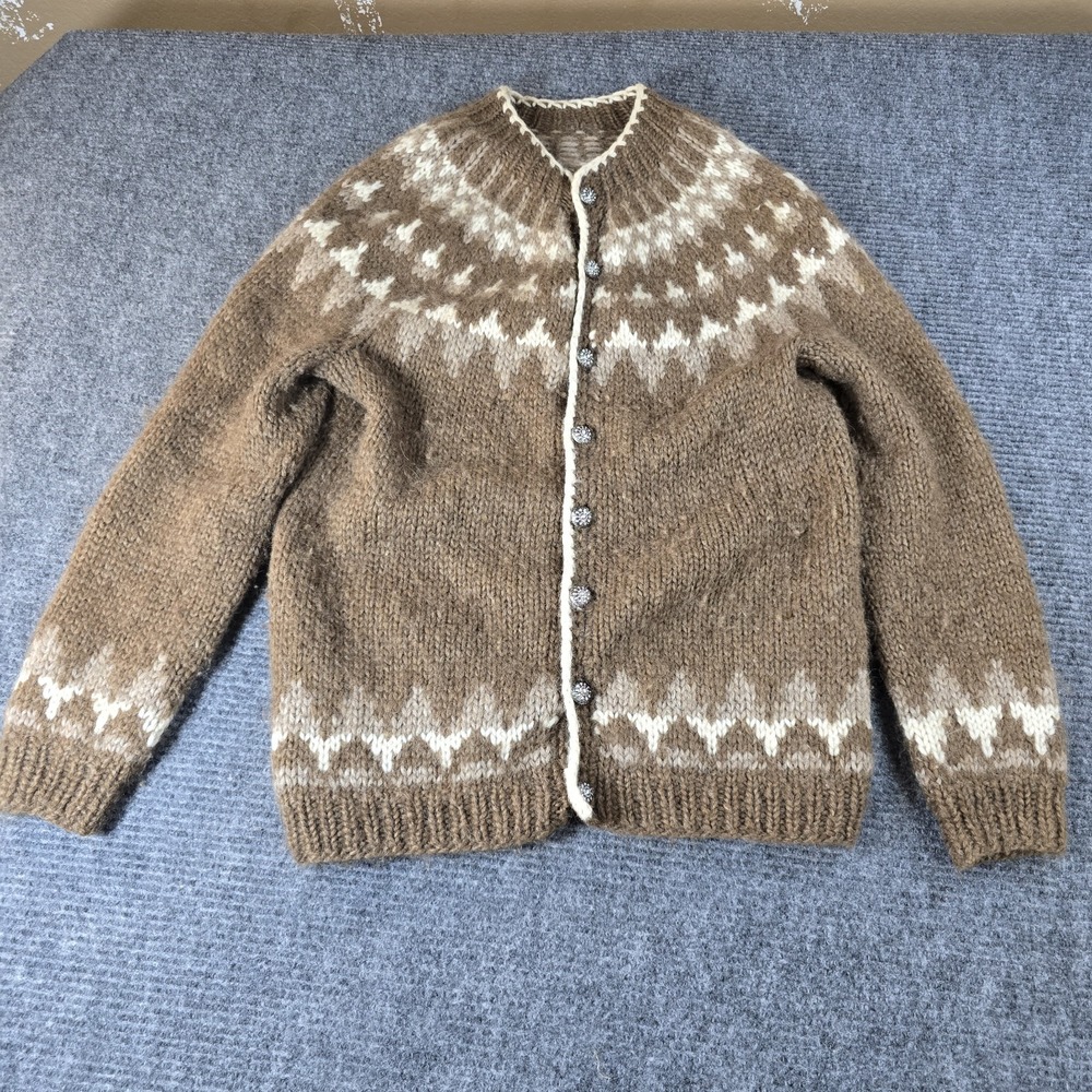Handmade Icelandic Style Wool Cardigan Sweater Brown Fair Isle Women's M/L